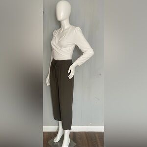 Elegant White Wrap Top and green Cropped Pants Set
